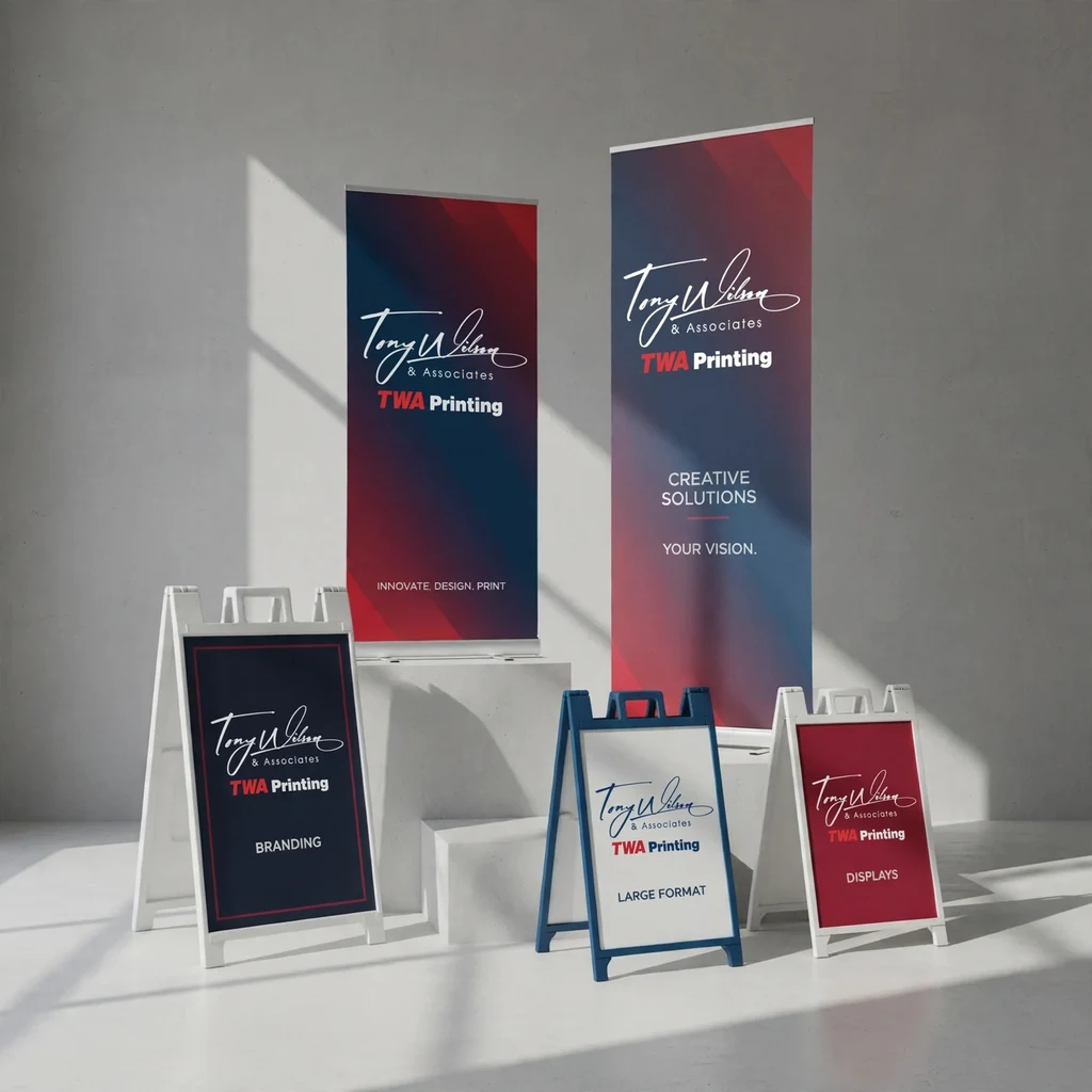 Banner stands & A-frame signs — fictional-brand sample