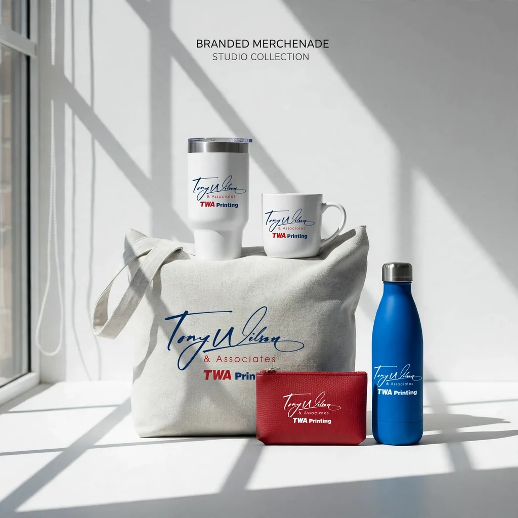 Drinkware & tote bags — fictional-brand sample