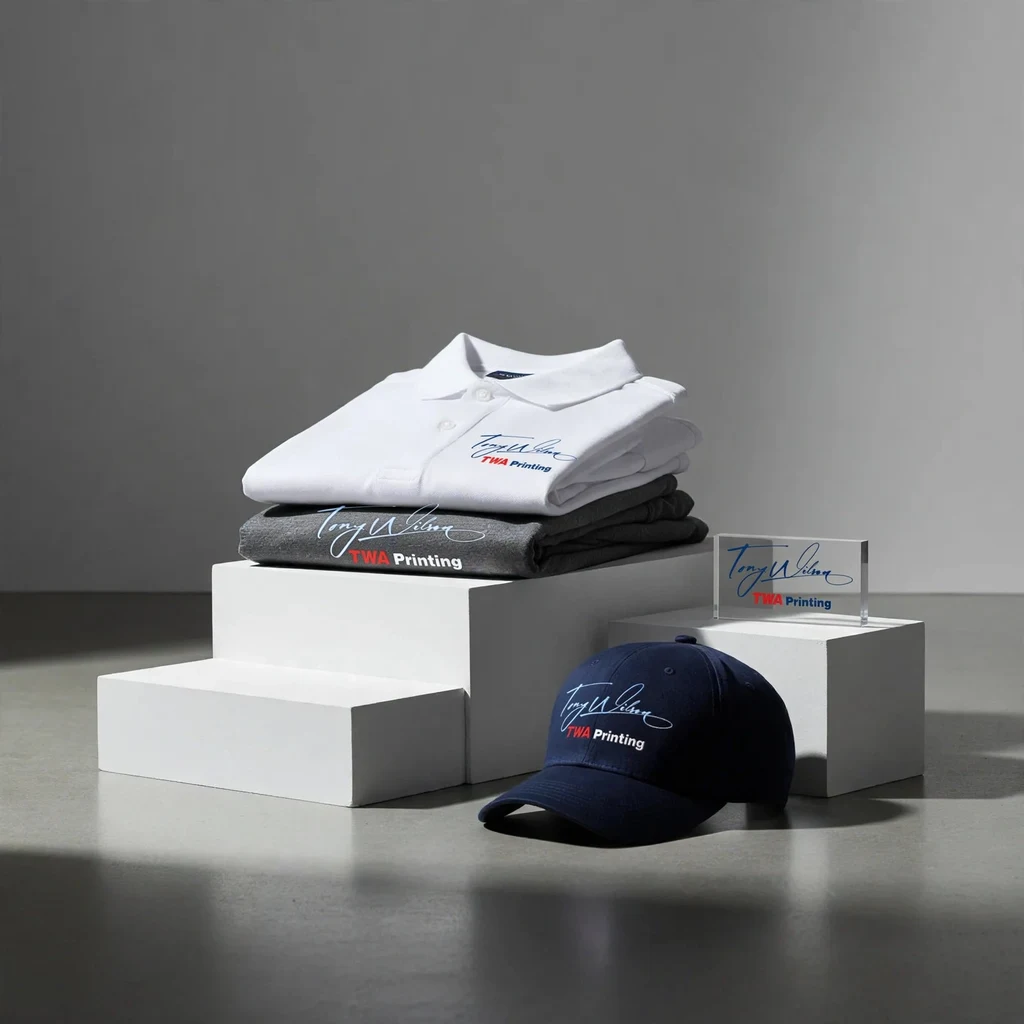 Polos, T-shirts & caps — fictional-brand sample