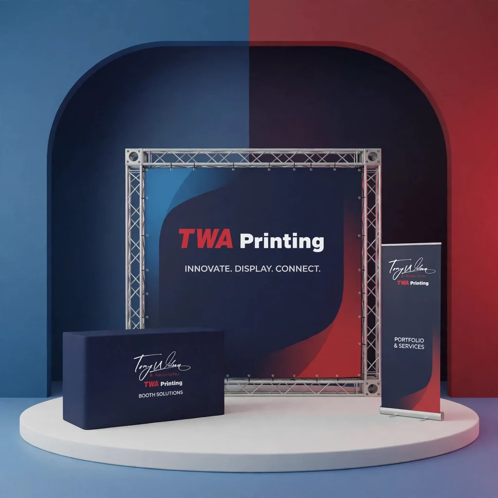 Trade show displays & table throws — fictional-brand sample