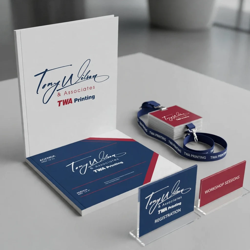 Programs, badges & event signs — fictional-brand sample