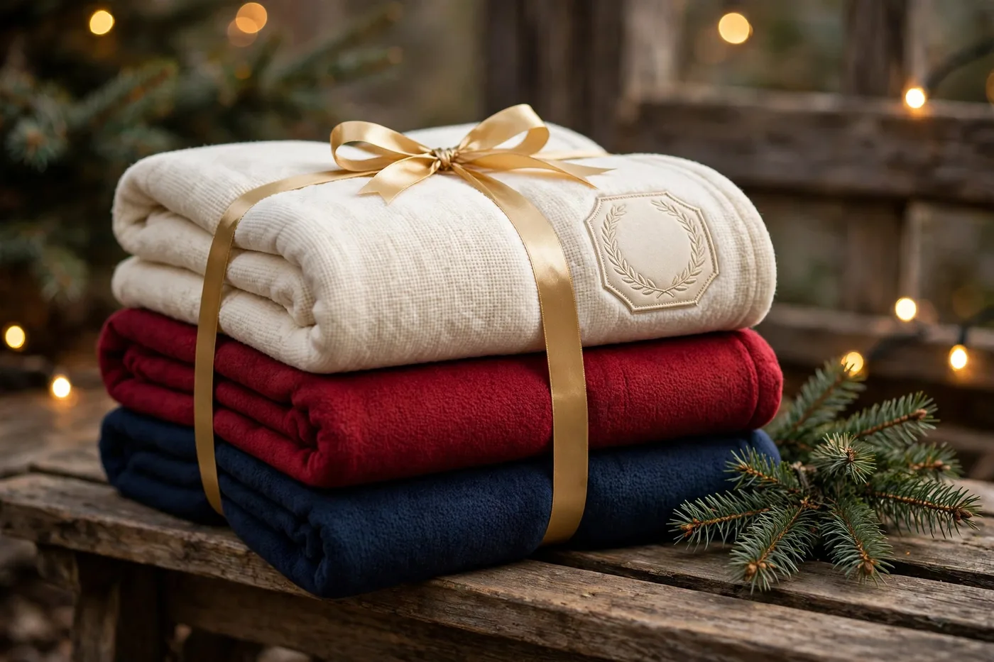 Folded fleece throw blankets in cream, red and navy tied with a gold ribbon