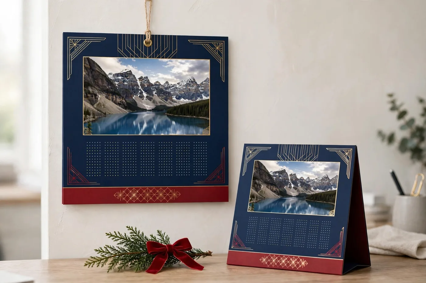 Custom 2027 wall and desk calendars with a scenic photo and navy and red covers