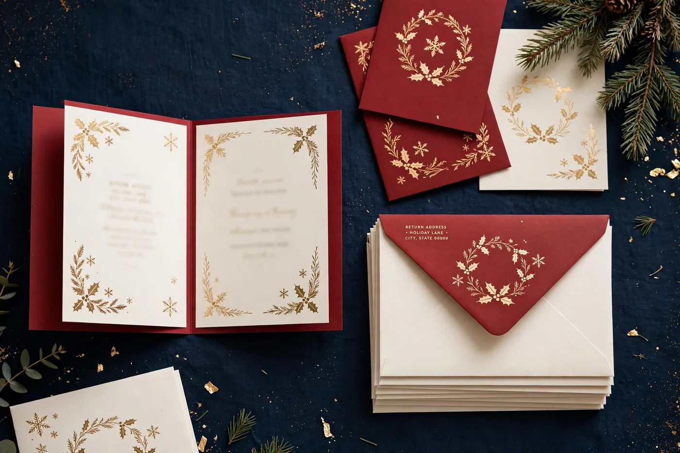 Custom printed Christmas cards with gold foil wreath designs and matching printed envelopes