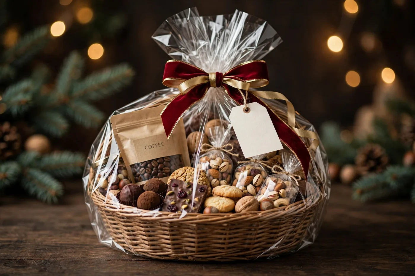 Gourmet gift basket with chocolate, cookies, nuts and coffee under a red and gold bow