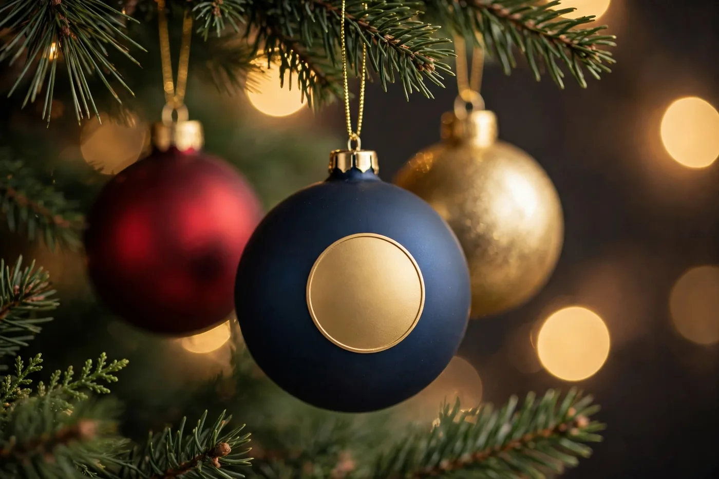 Custom ornaments in red, gold and navy hanging on an evergreen branch