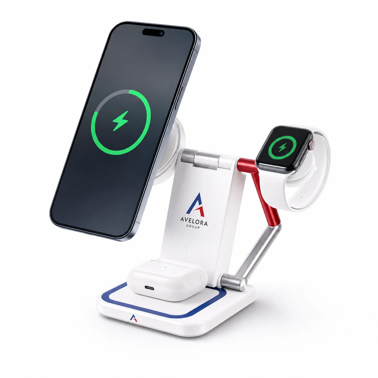 3-in-1 folding charging stations (phone/watch/earbuds) — fictional-brand sample