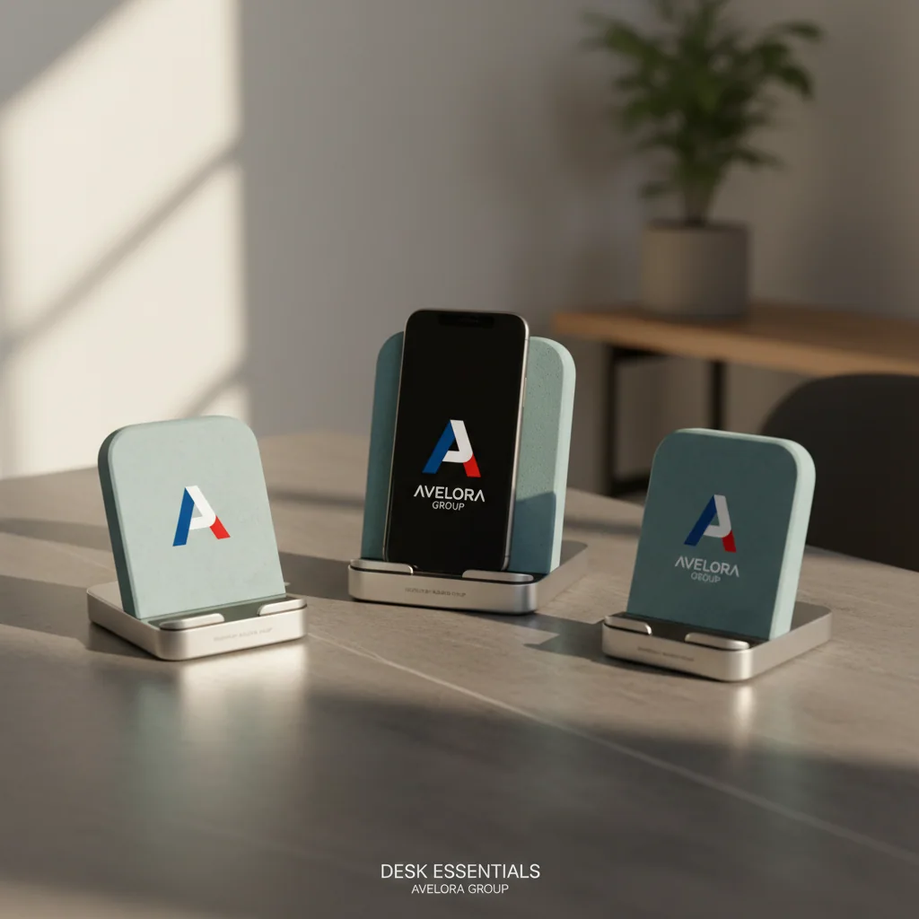Phone stands / desk holders — fictional-brand sample