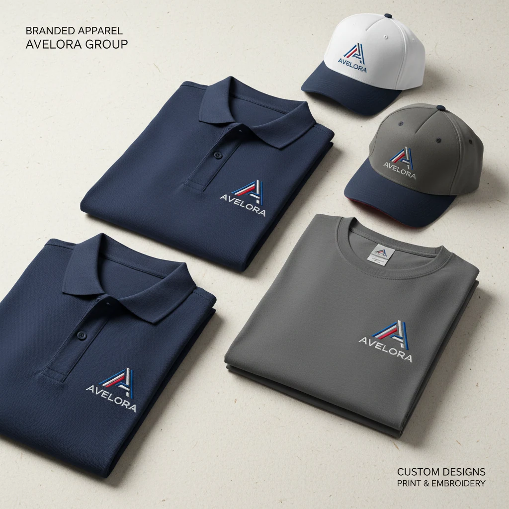 Polos, T-shirts & caps — fictional-brand sample