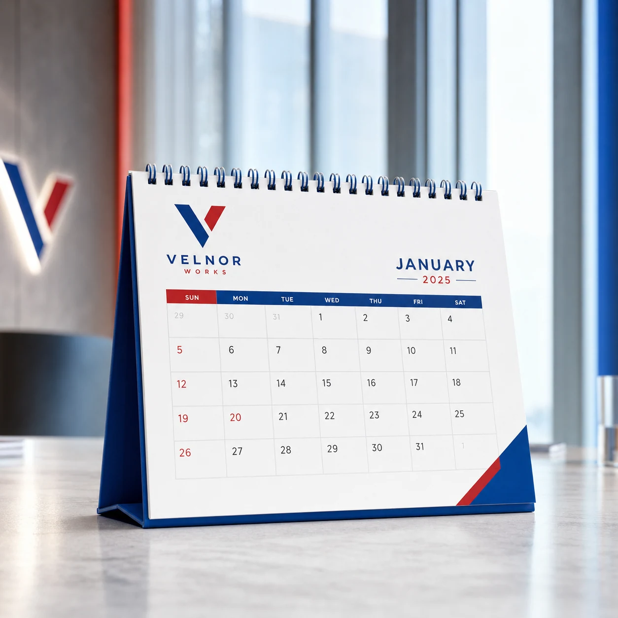 Desk calendars — fictional-brand sample