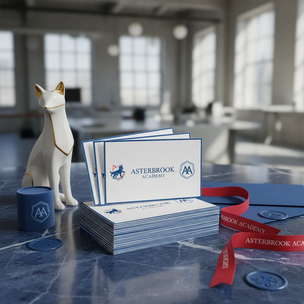 Staff business cards — fictional school & mascot sample