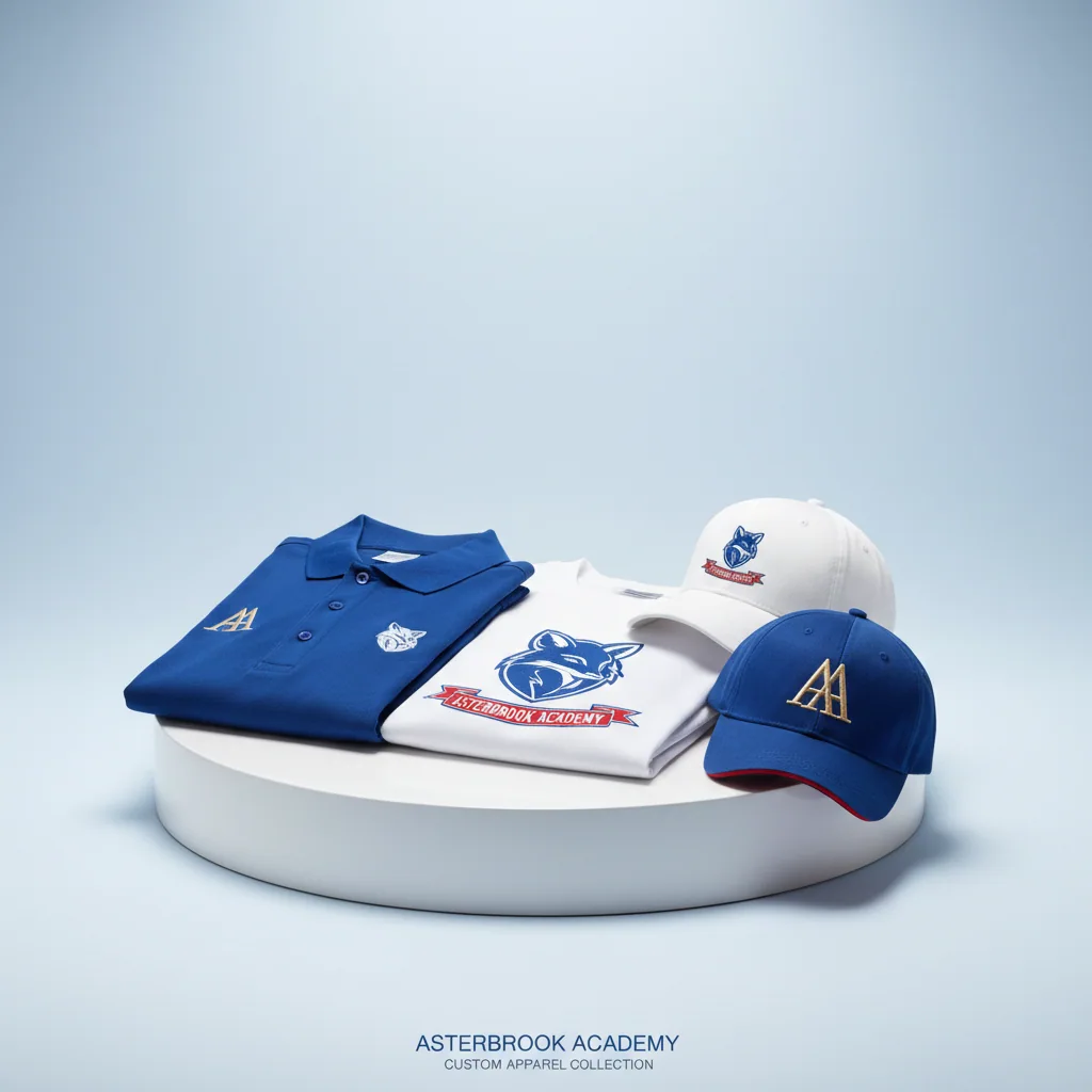 Polos, T-shirts & caps — fictional school & mascot sample