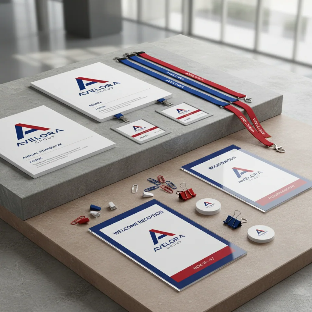 Programs, badges & event signs — fictional-brand sample