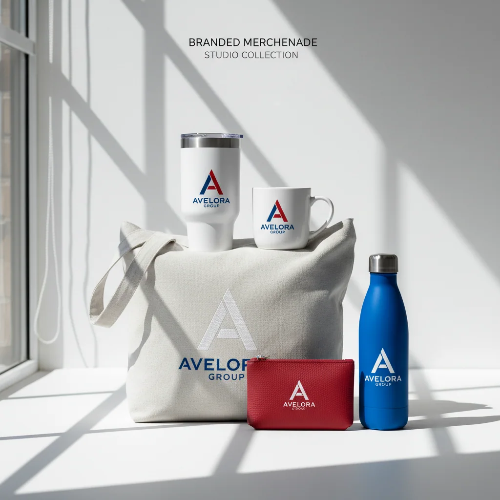 Drinkware & tote bags — fictional-brand sample