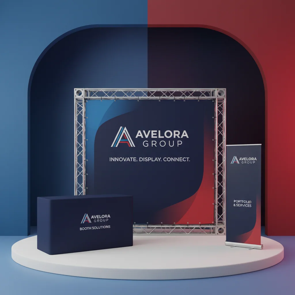 Trade show displays & table throws — fictional-brand sample
