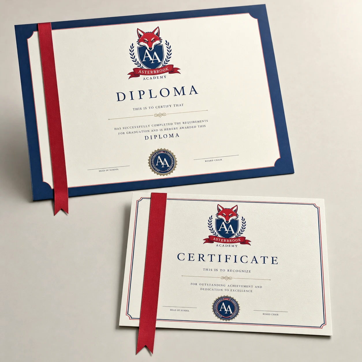 Diplomas & certificates — fictional school & mascot sample