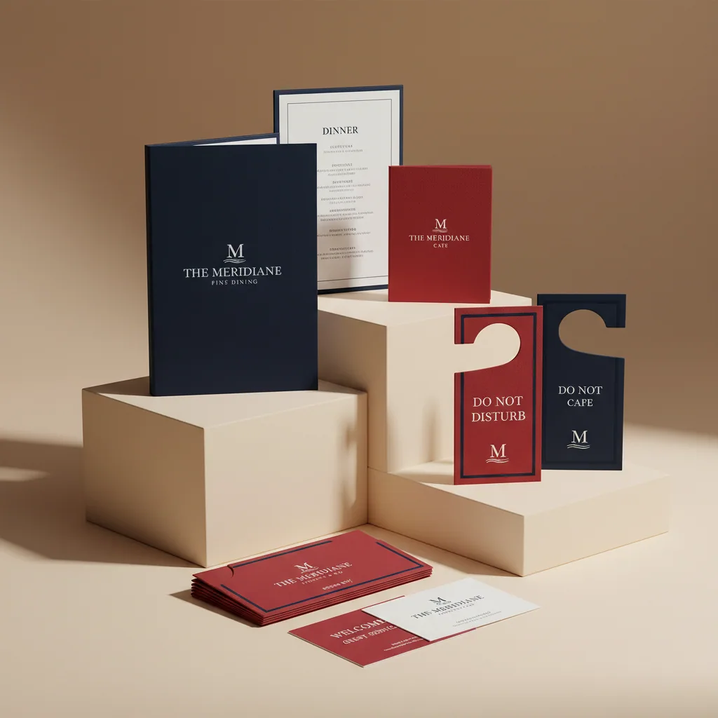 Hotel key sleeves & guest materials — fictional property sample