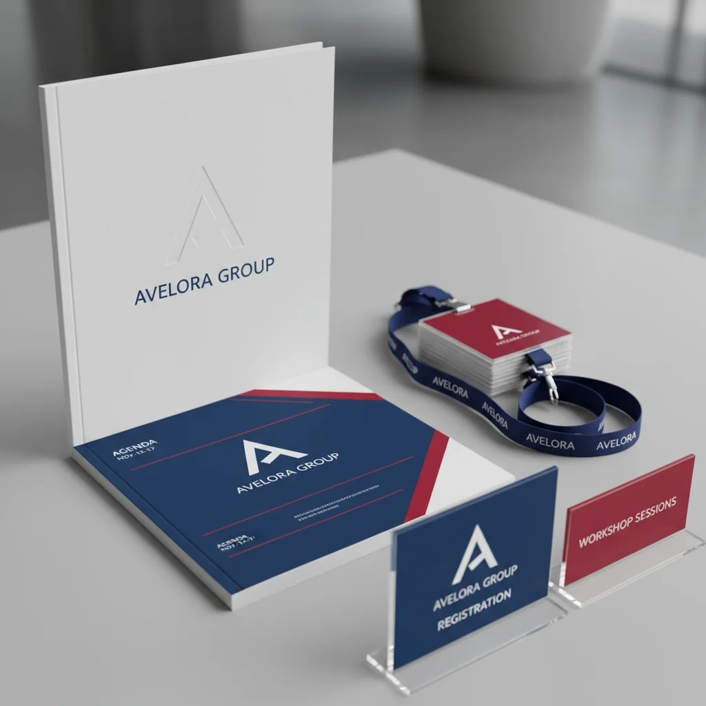 Programs, badges & event signs — fictional-brand sample