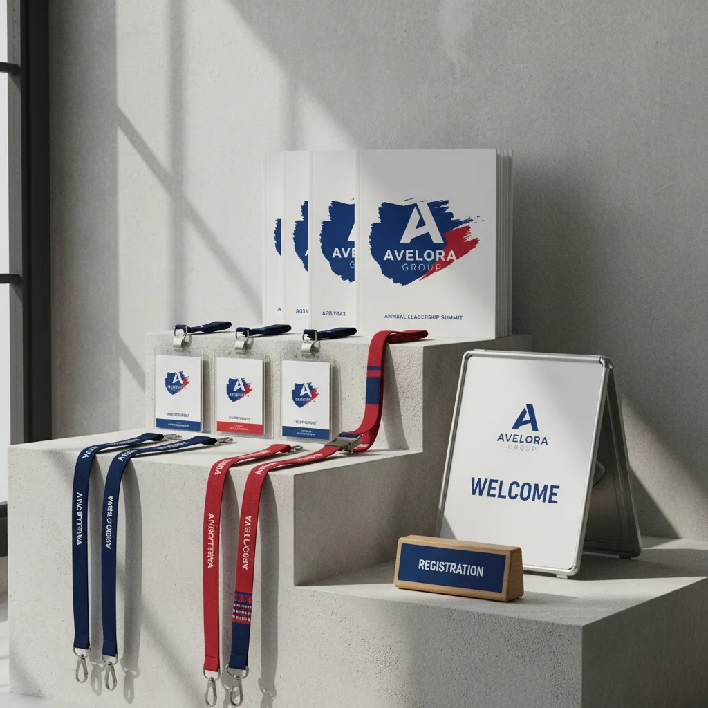 Programs, badges & event signs — fictional-brand sample