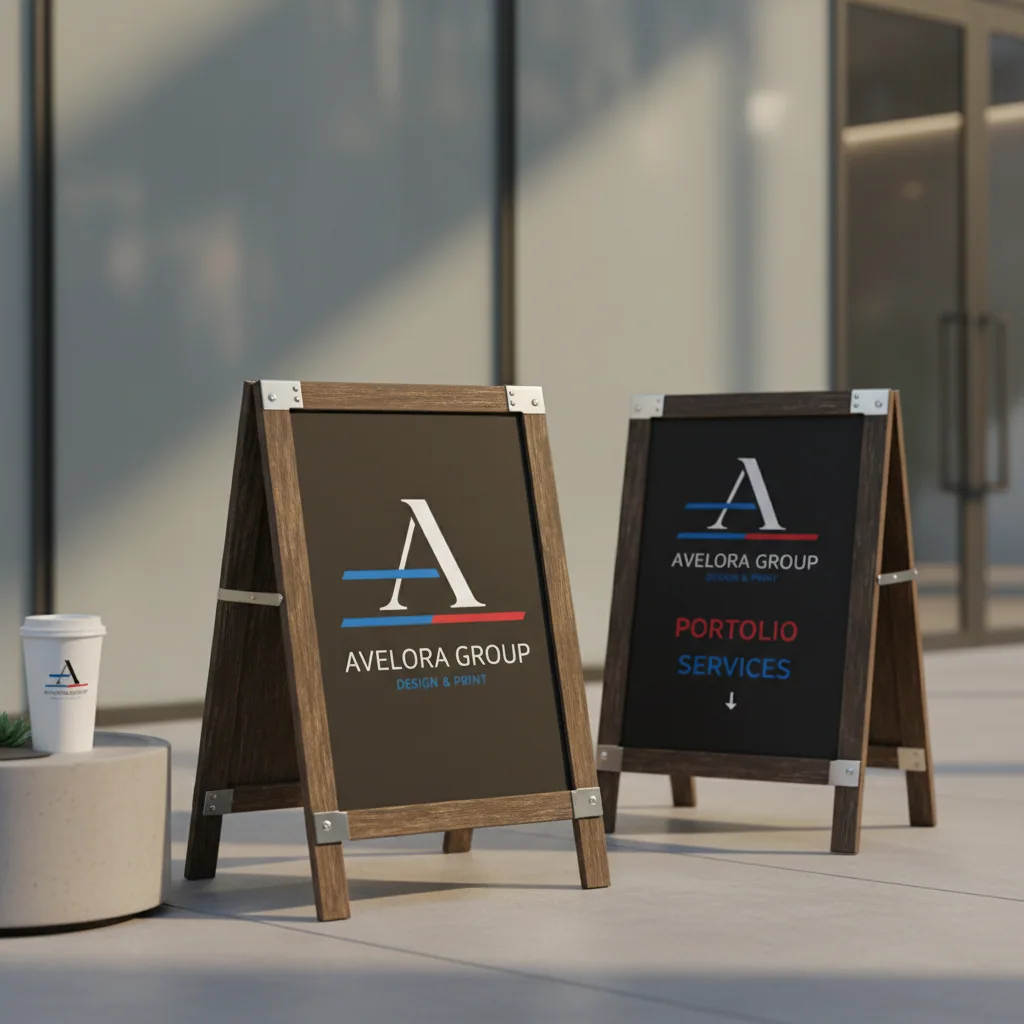 A-frame sidewalk signs — fictional-brand sample
