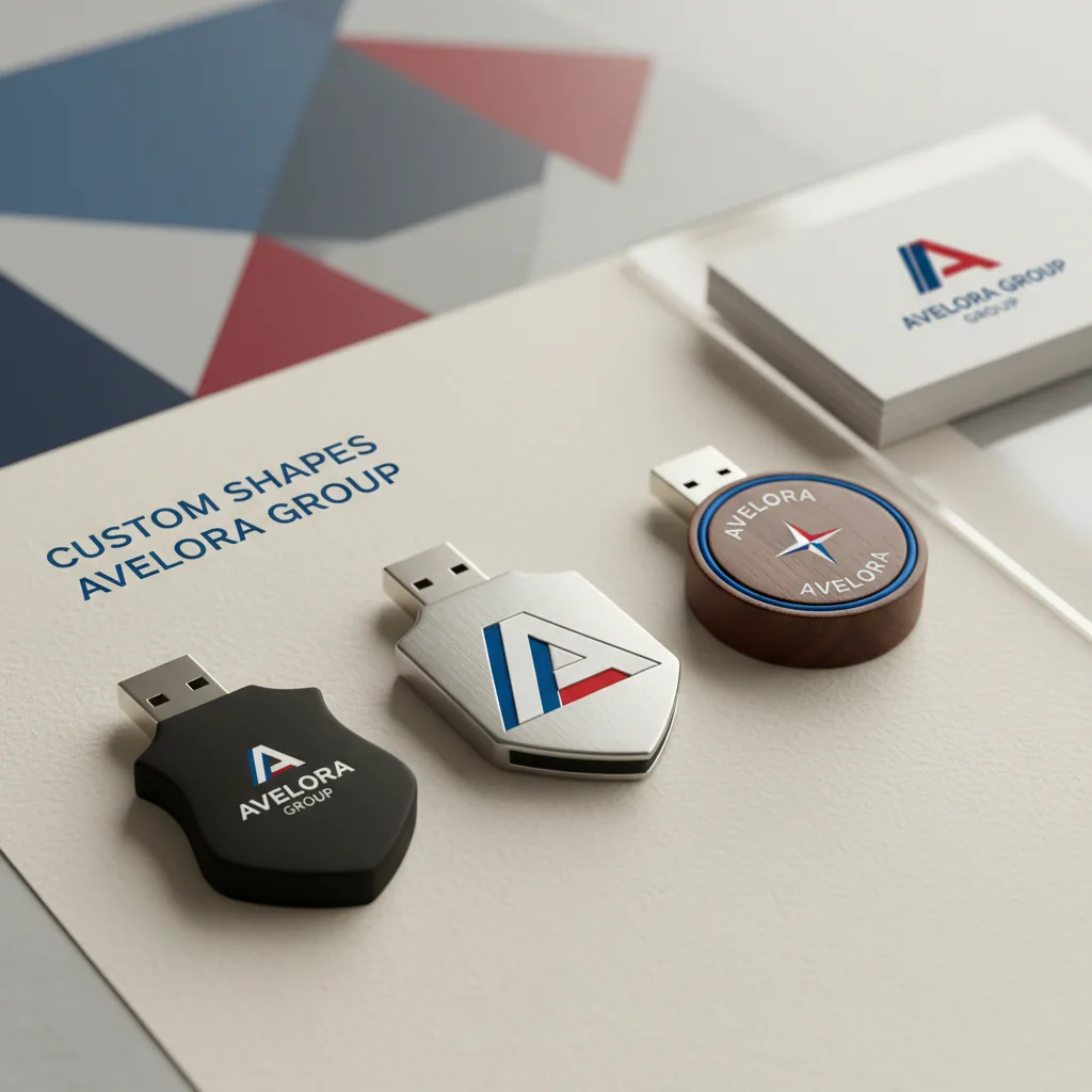 USB flash drives (custom shapes) — fictional-brand sample