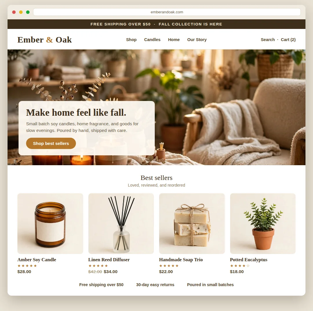 Ember and Oak home goods Shopify store on a computer screen and a phone