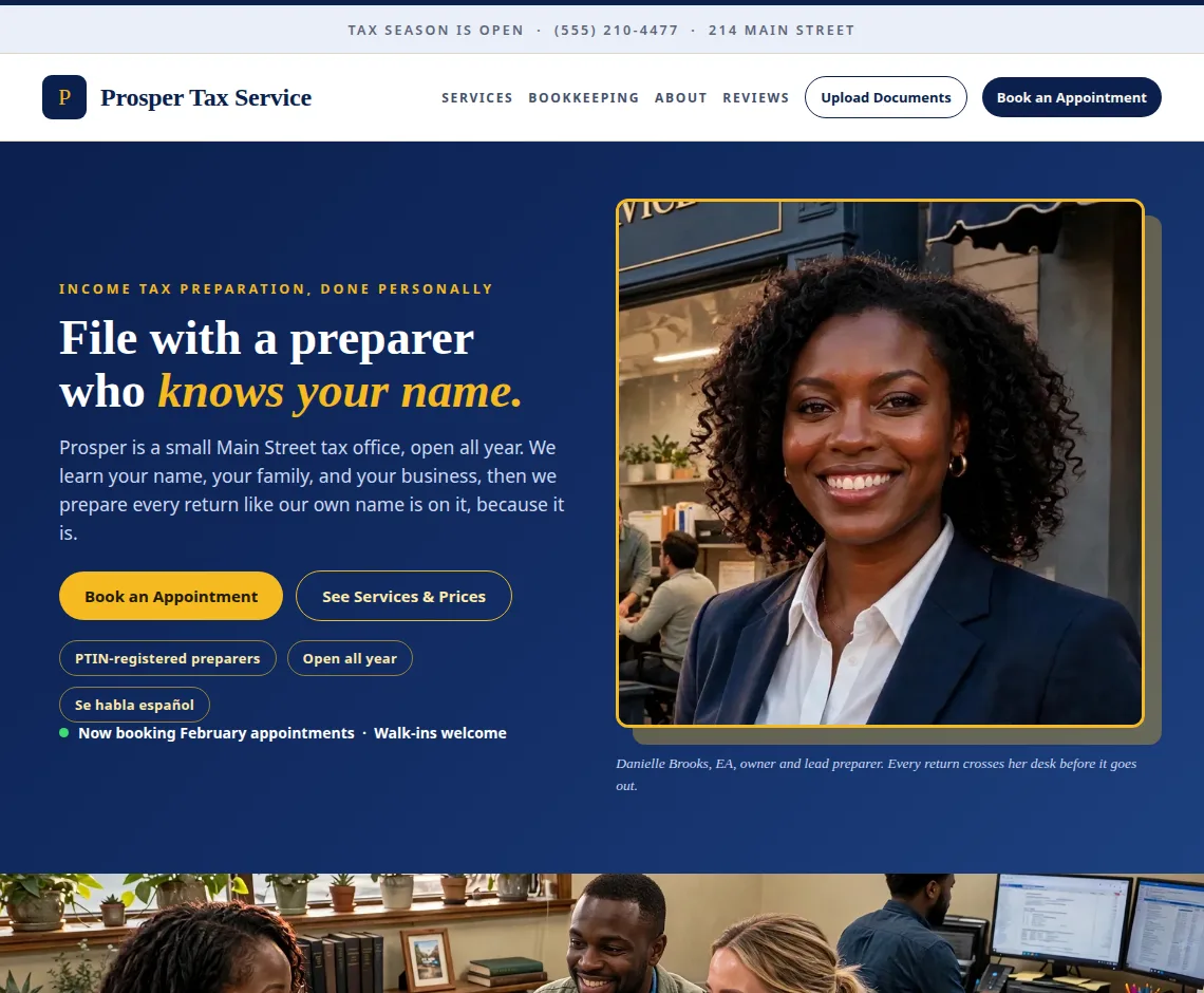 Prosper Tax Service website on a computer screen