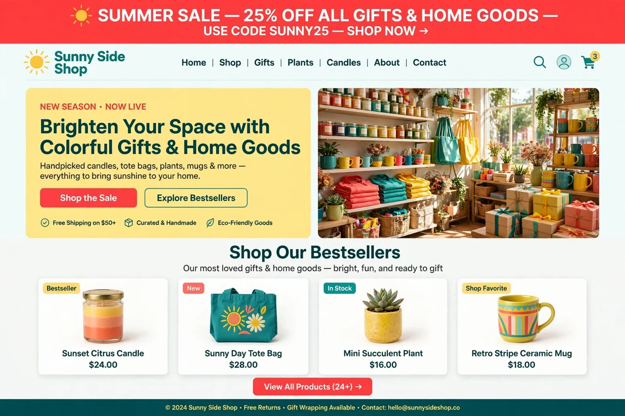 Sunny Side Shop gift and home goods Shopify store on a computer screen and a phone